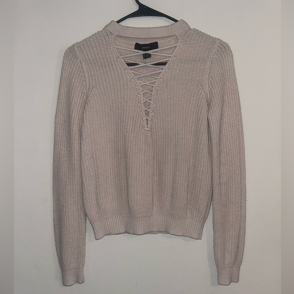 Forever 21 Women's V-Neck Lace-Up Sweater - Beige